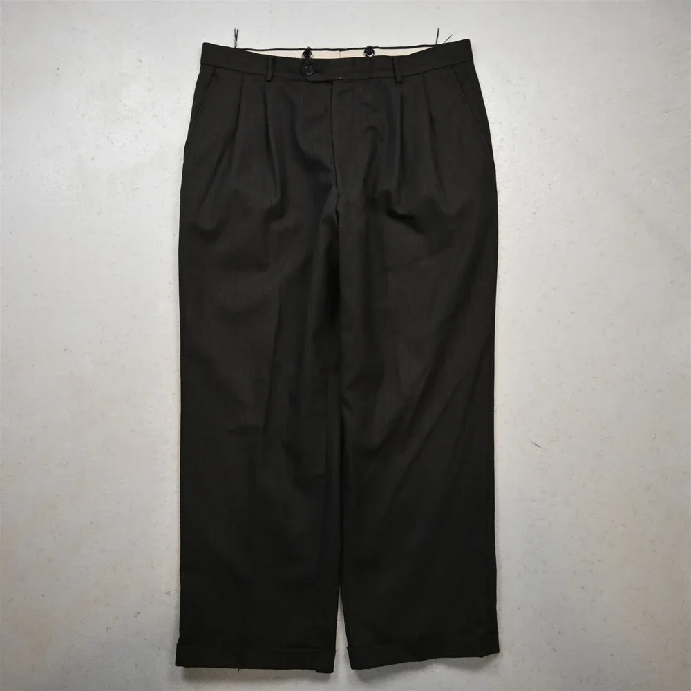 Vtg Bespoke 33x28 Brown Herringbone Wool Pleated Cuffed Baggy Dress Mens Pants